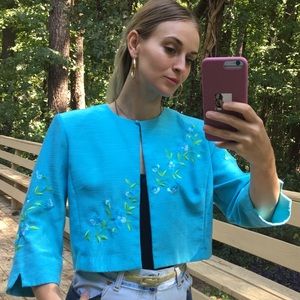 Vintage Baby Blue Embroidered Crop Jacket